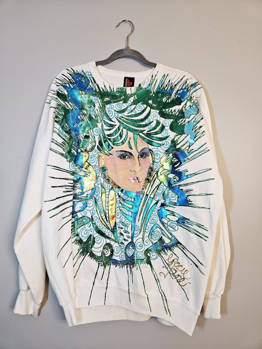 Vintage 80's Hand Painted Glitter Showgirl Sweatshirt One Size Handmade Top